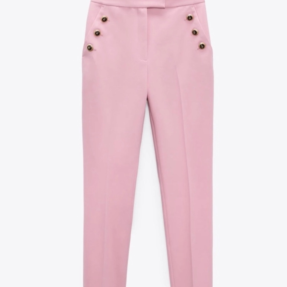 Zara Light Pink High-Waist Tailored Trousers with Button Detail